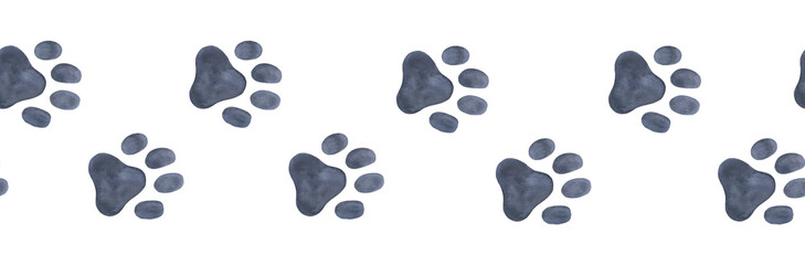 Dog paw seamless border. Black puppy or cat paw track. Abstract endless animal background - obrazy, fototapety, plakaty