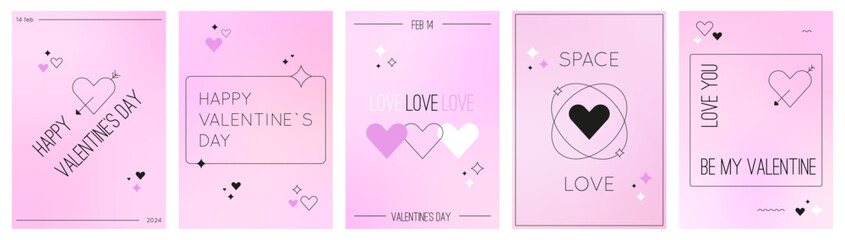 Y2k Valentine's Day cards templates. Linear hearts, stars and minimalist text on violet gradient background. Trendy romantic holiday designs set. Vector illustration with geometric simple shapes.