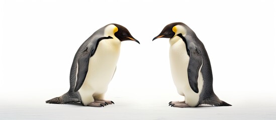 Two Emperor penguins, one upright one sliding on its belly, looking adorable.