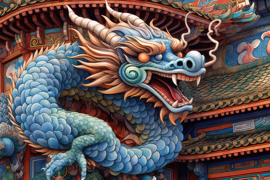 An Eastern dragon, sinuous and graceful, coils and soars above a traditional Chinese ancient architecture.A close up of a dragon statue on top of a building,depicts a detailed view of a dragon statue 