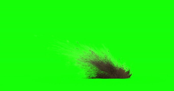 Bullet hit impact on dirt with chunks and debris flying. Dusty explosion on black background and green screen with alpha channel. Close up. Variations 