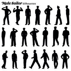 Collection of silhouette illustrations of male sailor - obrazy, fototapety, plakaty