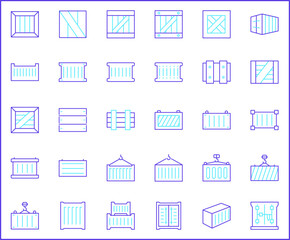 Set of box and container line style. It contains such as open box, package, wooden crate, cargo, logistics, port, packaging and other elements.