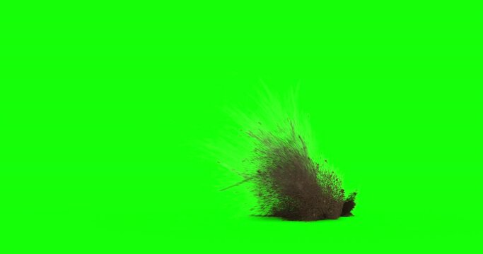Bullet hit on dirt with chunks and debris flying. Dusty explosion on black background and green screen with alpha channel. Close up. Variations 
