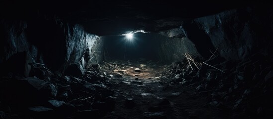 Exploring abandoned mine underground. - obrazy, fototapety, plakaty