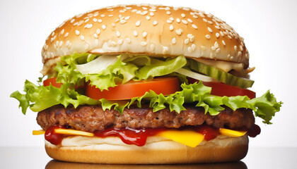 Grilled beef burger with cheese, tomato, and onion generated by AI