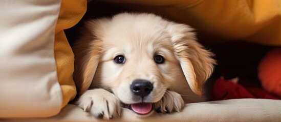 Golden retriever puppy playing with toy in den - obrazy, fototapety, plakaty