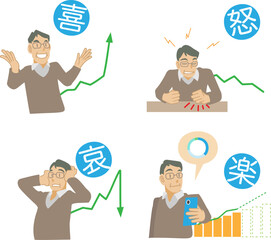 資産運用で喜怒哀楽するミドル男性の素材
