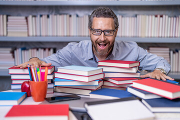 teachers day. school teacher improve education in library. knowledge day. teacher prepare for school exam. overworked professor at lesson. school professor with books. Chronic overwork