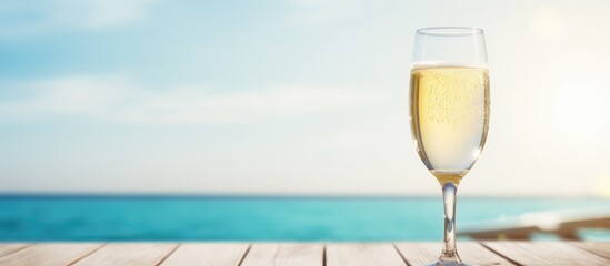 Sparkling champagne or prosecco on a white wooden table by the pool in summer. - obrazy, fototapety, plakaty