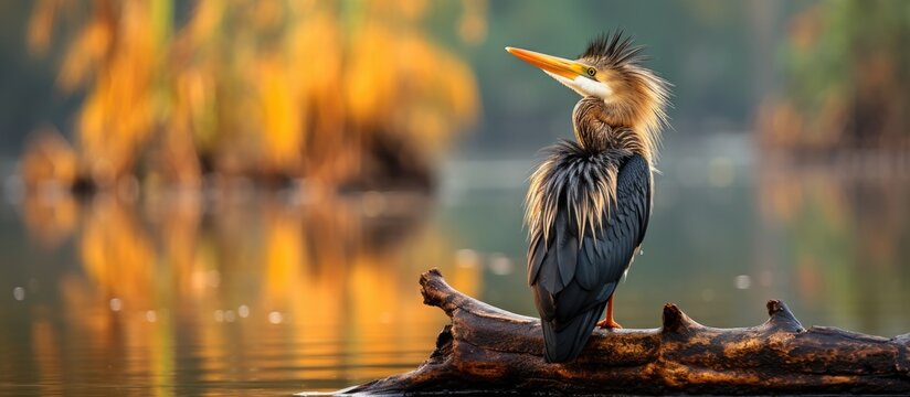 Indian darter reflected in water on tree at Keoladeo Ghana National Park, Bharatpur.