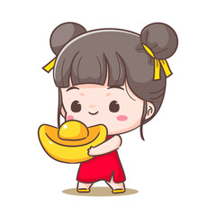 Cute girl holding gold ingot celebrate Chinese new year cartoon vector illustration. Chinese year concept design. Adorable chibi hand drawn. Isolated white background. 
