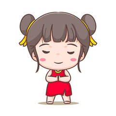 Cute girl celebrate Chinese new year cartoon vector illustration. Chinese year concept design. Adorable chibi hand drawn. Isolated white background. 