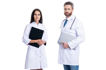medicine and healthcare. doctor at hospital. doctor hold medical prescription. doctor internist with clipboard isolated on white. prescriber physician with nurse. prescription. patient consent - obrazy, fototapety, plakaty
