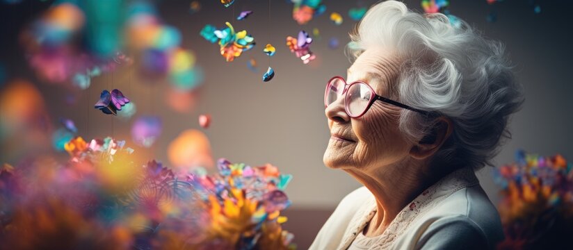 Elderly woman with memory loss engages in therapeutic activities in a care facility.