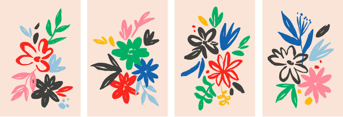 Modern abstract floral vector compositions. Collage contemporary bouquets. Hand drawn cartoon style flowers. Minimalism