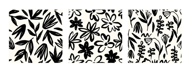 Modern abstract floral vector patterns. Collage contemporary seamless patterns. Hand drawn cartoon style patterns. Minimalism