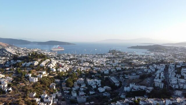 Bodrum City White Buildings And Seascape In Summer In Mugla, Turkey. - aerial shot
