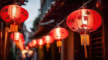 A close-up of a street with many red lanterns hanging from it,festive ambiance of a street decorated with red lanterns,cultural festivals, holiday promotions, and travel.chinese lanterns in the temple - obrazy, fototapety, plakaty