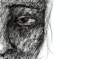 Drawn sad face with stream of tears falling from eye, 2D animation