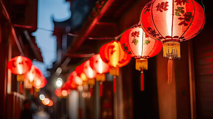 A close-up of a street with many red lanterns hanging from it,festive ambiance of a street decorated with red lanterns,cultural festivals, holiday promotions, and travel.chinese lanterns in the temple