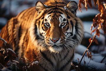 Fototapeta na wymiar Portrait tiger on snow. Created with Generative AI