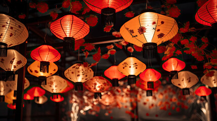 red lanterns hung on the ceiling at night, Perfect for Chinese New Year, Asian restaurant decor, cultural events, or festive atmosphere in interior design. Creates a warm and inviting ambiance.