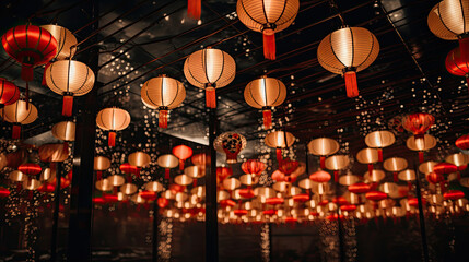 red lanterns hung on the ceiling at night, Perfect for Chinese New Year, Asian restaurant decor, cultural events, or festive atmosphere in interior design. Creates a warm and inviting ambiance. - obrazy, fototapety, plakaty