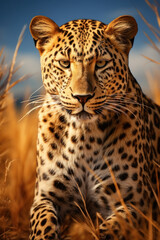 Adult angry leopard in african savannah. Created with Generative AI