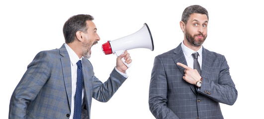 rivalry business conflict of businessman shouting on employee in loudspeaker isolated on white