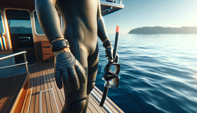 une personne portant des gants de plongée, un masque et un tuba sur un bateau de pêche 