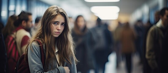 Woman at busy university feeling anxious and sad. Student in hallway before important event. Girl waiting in lobby with blurred people. - obrazy, fototapety, plakaty