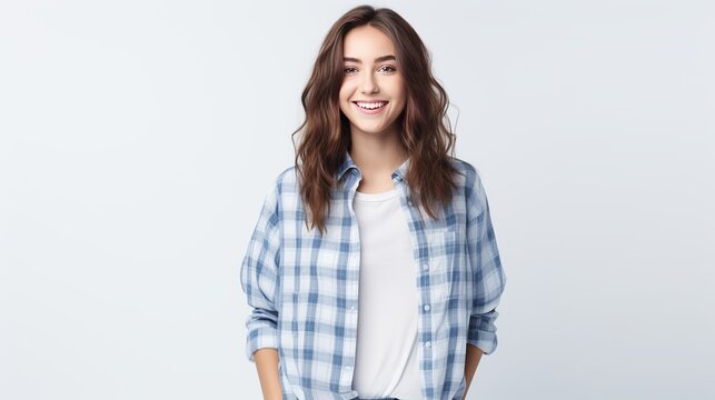 A young caucasian girl wearing a checked casual shirt, with crossed arms and chest, is demiling and pleased as she stands on a white background, showcasing the concept of lifestyle,
