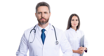 two doctors internist in medicine service. Health insurance. healthcare and medicine. Medicine doctor hold clipboard. medical and healthcare workers in hospital isolated on white. hospital chart - obrazy, fototapety, plakaty