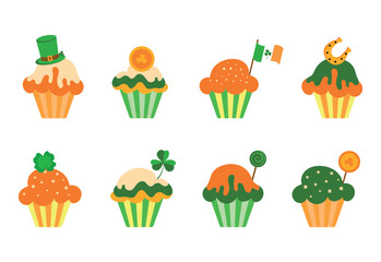 Set of cupcakes for St. Patrick's Day. Vector illustration. Colorful treats for the Irish holiday.