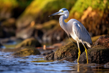 A heron searches for food amid the calm waters of a pond