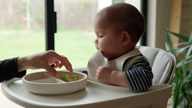 Cute baby in high chair chewing and eating bib and rejecting solid food that mom is trying to feed him