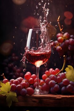 Splashing red wine glass with grapes on bokeh background