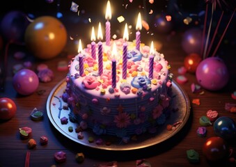 A photorealistic image of a birthday cake with vibrant colors and intricate details, captured from