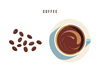コーヒーの入ったカップと珈琲豆のイラストのセット