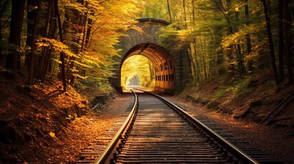 In the autumn forest, there is a train tunnel and railroad that is filled with love for autumn trees and the railroad