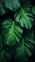 Foliage of tropical leaf in dark green with rain illustration