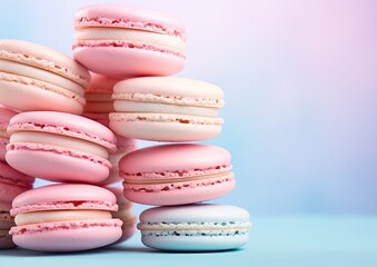 Fototapeta na wymiar A photorealistic image of a light blue macaron tower against a pastel pink background. The camera
