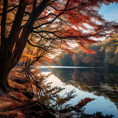 A tranquil lake surrounded by trees adorned with autumn colors