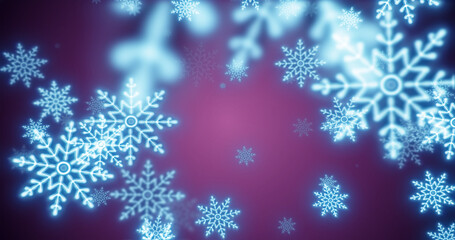 Fototapeta na wymiar Christmas festive bright New Year background of blue glowing winter beautiful falling flying snowflakes patterns on purple background