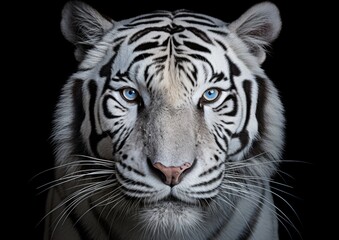 A photorealistic image of a majestic white tiger, captured in a close-up portrait style against a