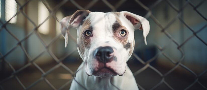 Sad-eyed large mixed breed dog, a White American Bulldog Pit Bull, in an animal shelter kennel makes eye contact with the camera.