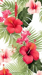 Behangcirkel Lovely hand drawn tropical flowers and leaves illustration © BornHappy