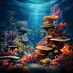 Underwater scene with schools of exotic fish and vibrant coral reefs