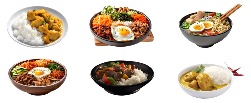 Set of Japanese and Korean food, Chicken curry with rice, Bibimbap, Ramen noodles or Ramyun, Beef and vegetables stir fry with rice, isolated on white transparent background